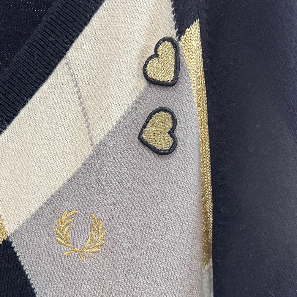 Fred Perry Amy Winehouse Argyle Mini Jumper Knit Sweater Dress Black Gold Size 6 - Picture 3 of 6